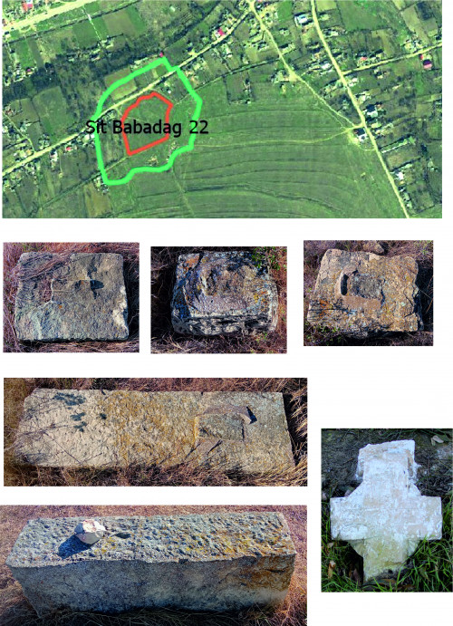 Fig. 1. Cimitirul armenesc și zona de protecție a acestuia pe planul orașului Babadag; resturi de monumente funerare.